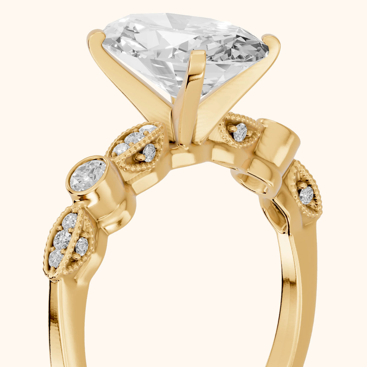 Heidi Vintage Milgrain Oval Diamond Engagement Ring in Yellow Gold - slant-view.webp