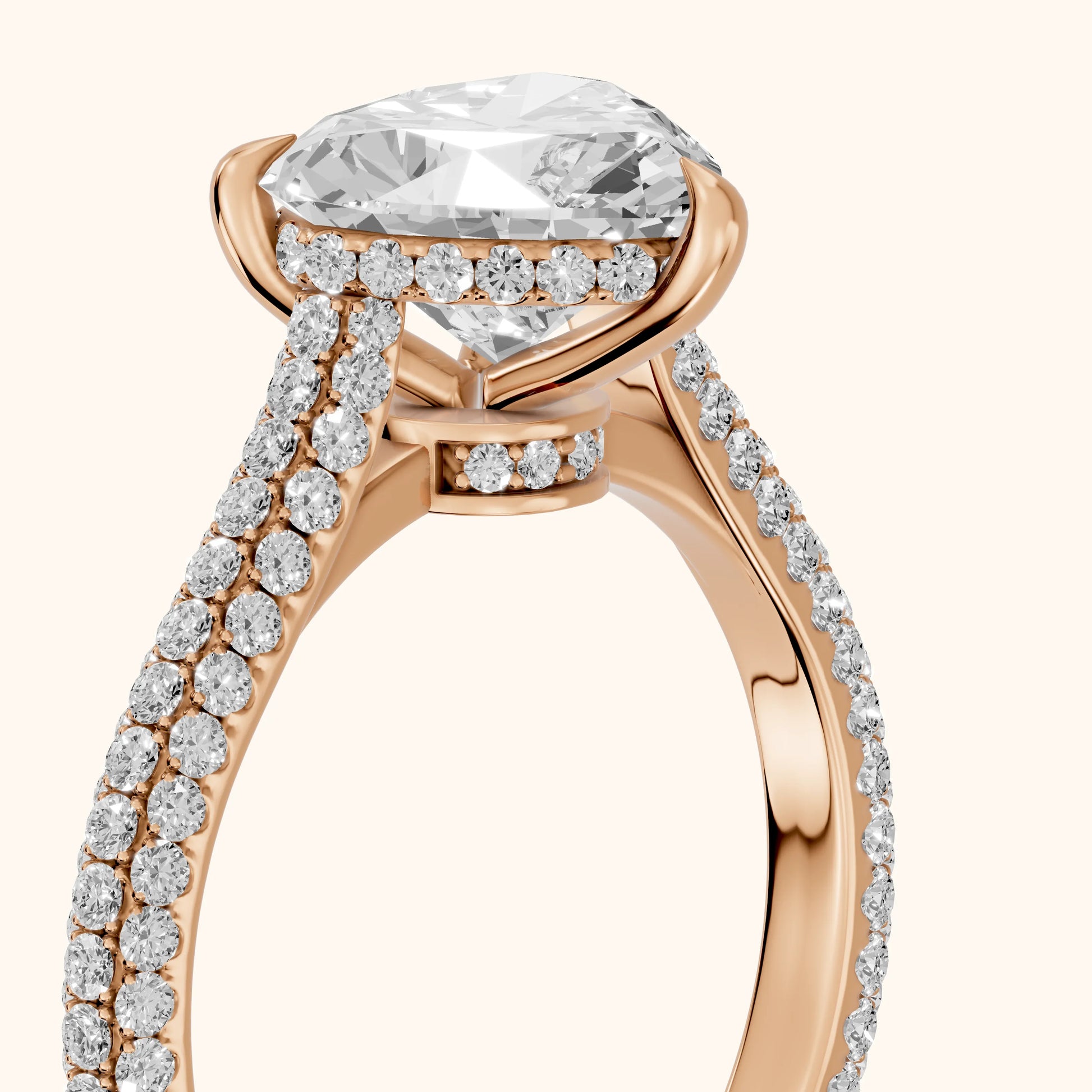 Della Hidden Halo Pavé Heart Diamond Engagement Ring in Rose Gold - slant-view.webp
