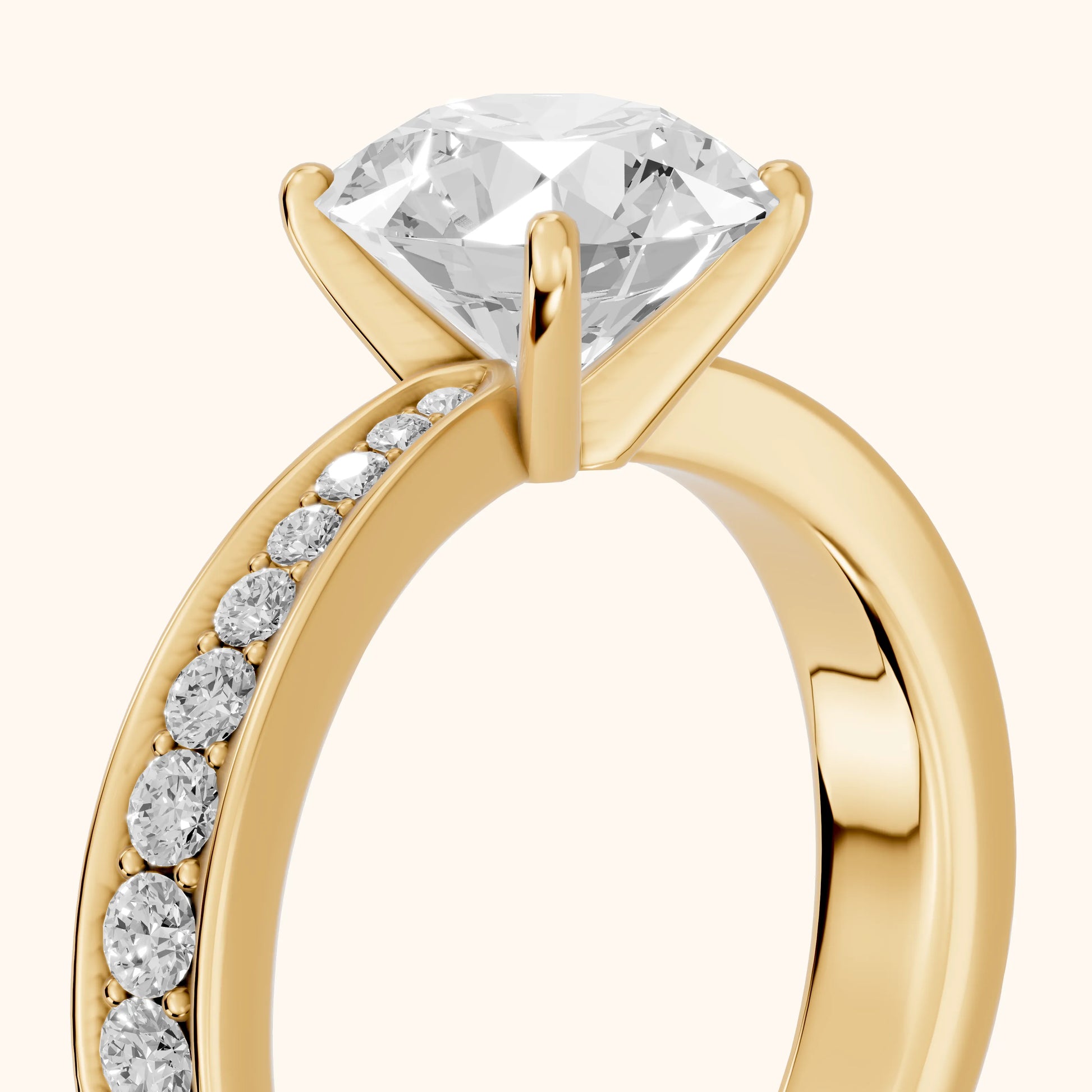 Rhea Sidestone Pavé Round Diamond Engagement Ring in Yellow Gold - slant-view.webp