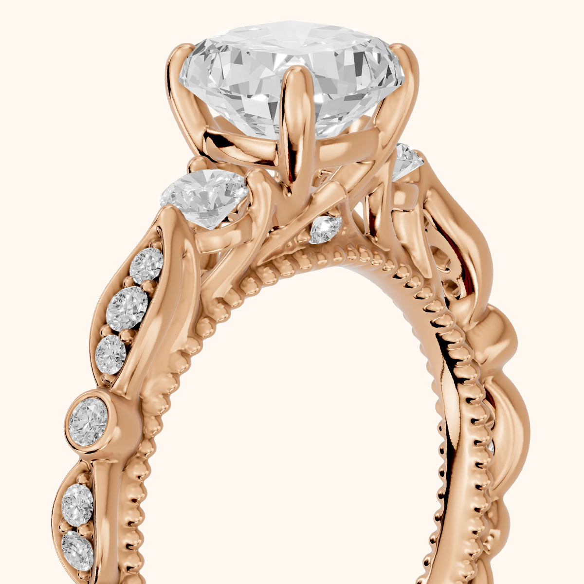 Pascale Vintage Filigree Cushion Diamond Engagement Ring in Rose Gold - slant-view.webp