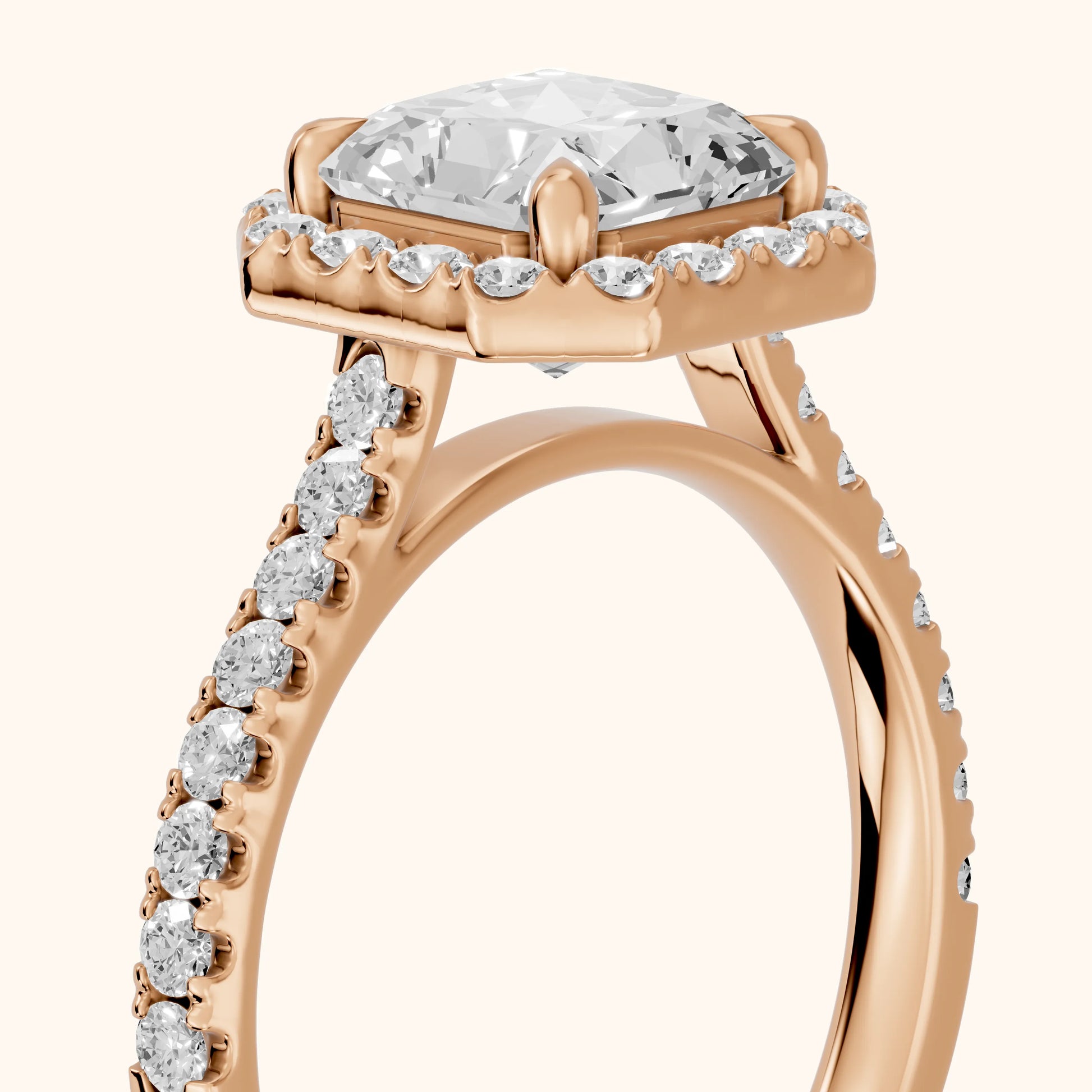 Amara Halo Claw Prong Radiant Diamond Ring in Rose Gold - slant-view.webp