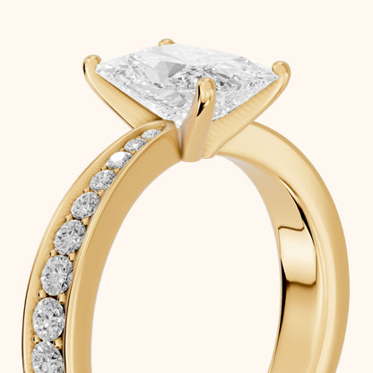 Rhea Sidestone Pavé Radiant Diamond Engagement Ring in Yellow Gold - slant-view.webp
