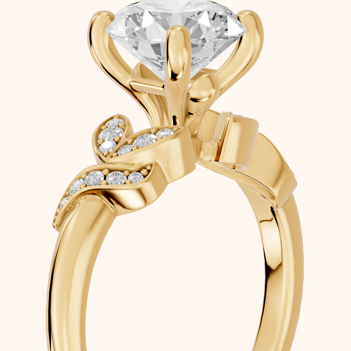 Megan Leaf Pavé Round Diamond Engagement Ring in Yellow Gold - slant-view.webp