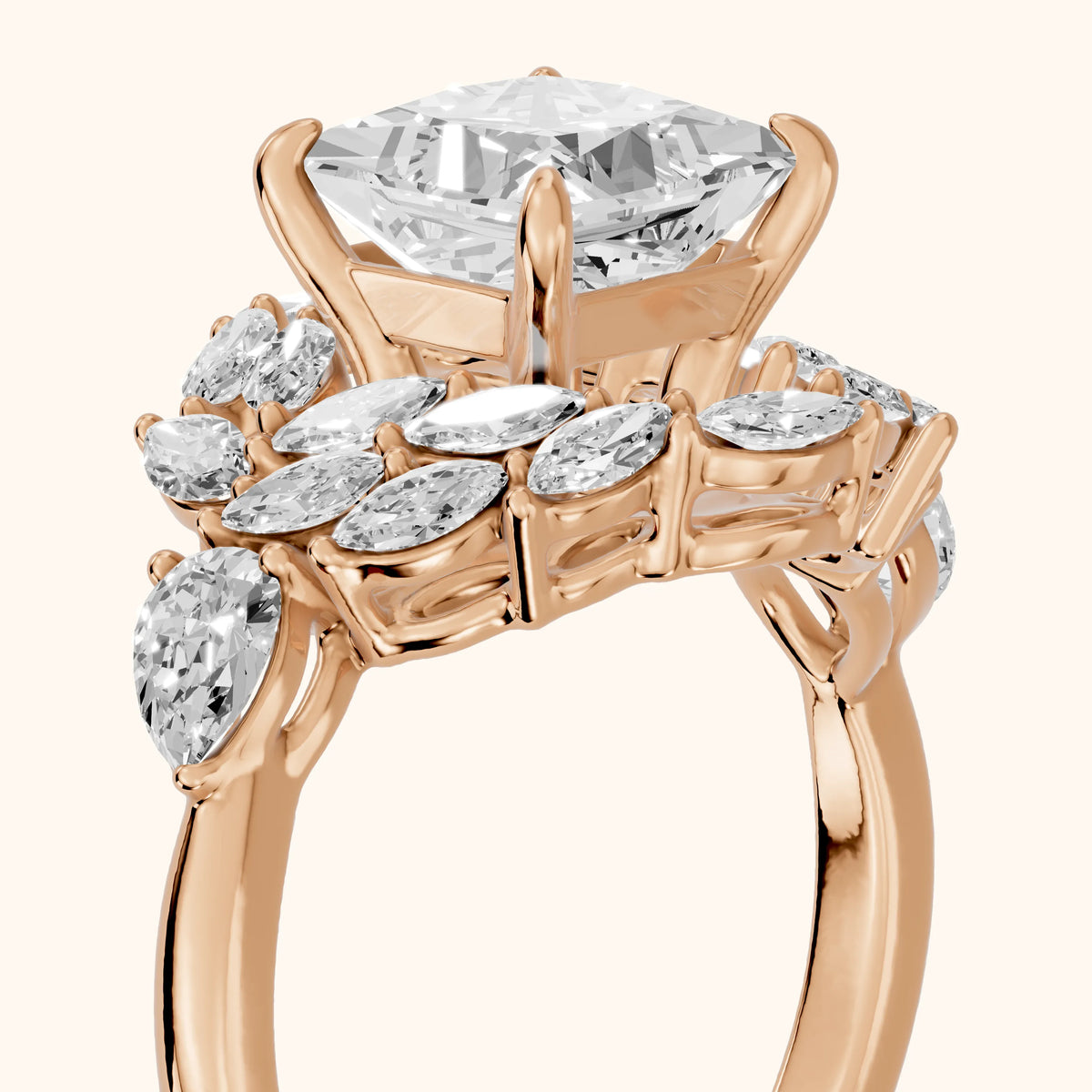 Liliana Leaf Cluster Princess Diamond Engagement Ring in Rose Gold - slant-view.webp