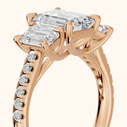 Gabrielle Three-Stone Pavé Emerald Diamond Engagement Ring in Rose Gold - slant-view.webp