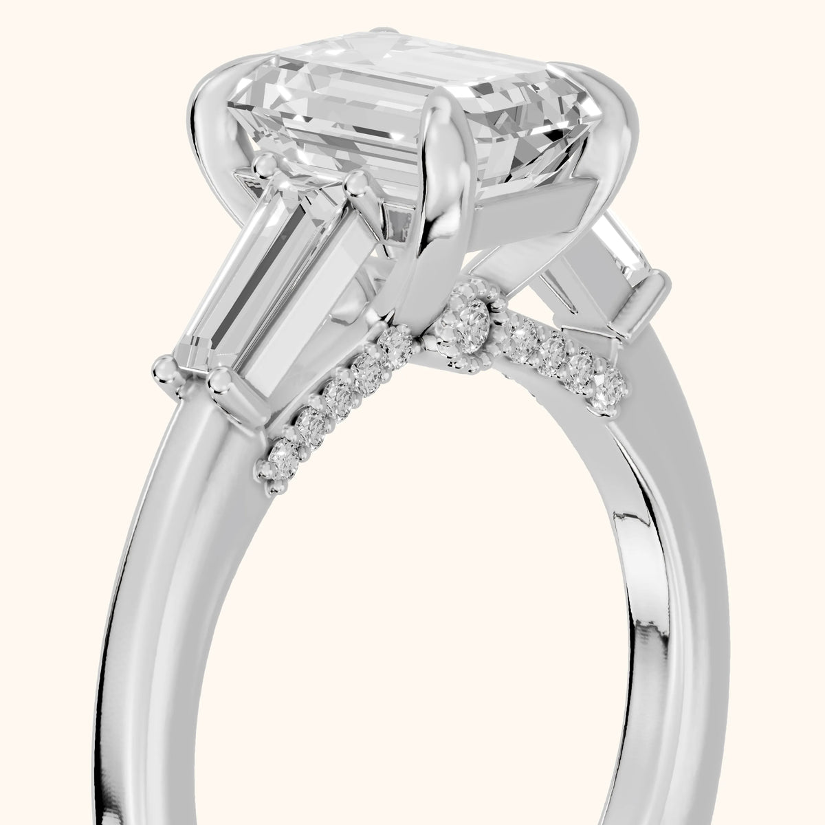 Seneca Baguette Three-Stone Emerald Diamond Engagement Ring in Silver - slant-view.webp