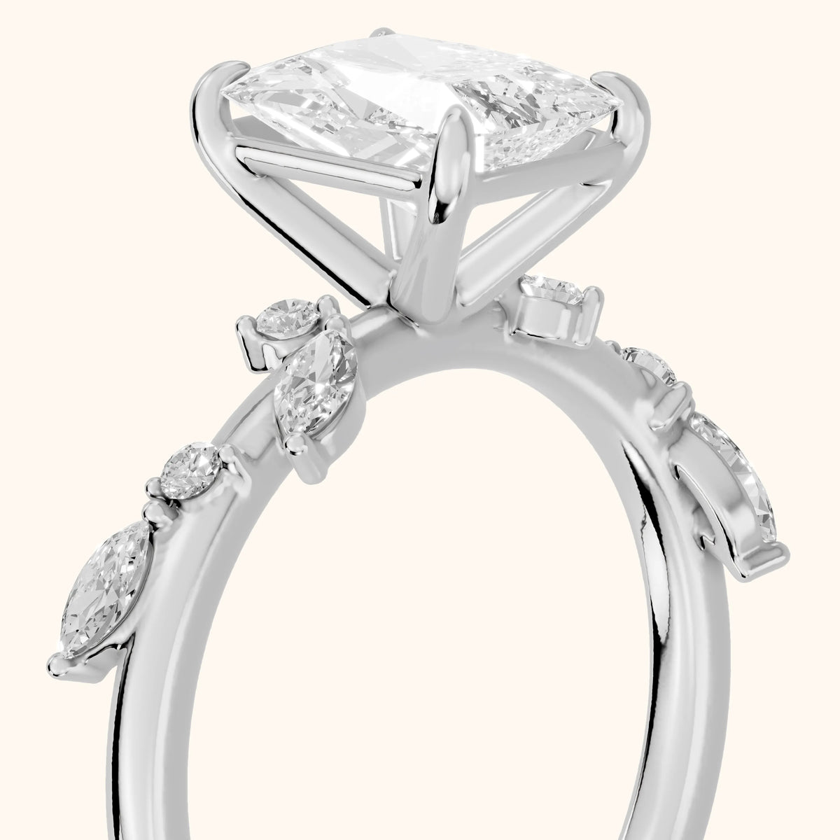 Vivian Leaf Radiant Diamond Engagement Ring in Silver - slant-view.webp