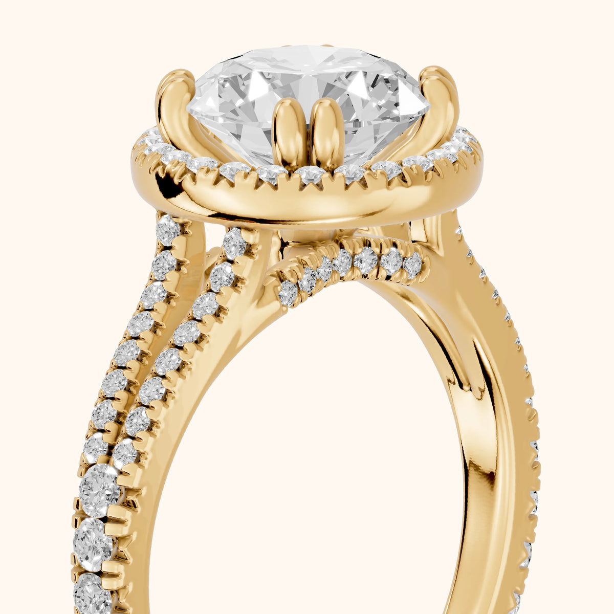 Dallas Halo Split Shank Round Diamond Engagement Ring in Yellow Gold - slant-view.webp