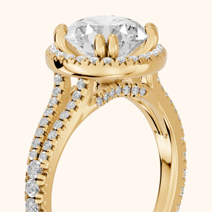Dallas Halo Split Shank Round Diamond Engagement Ring in Yellow Gold - slant-view.webp