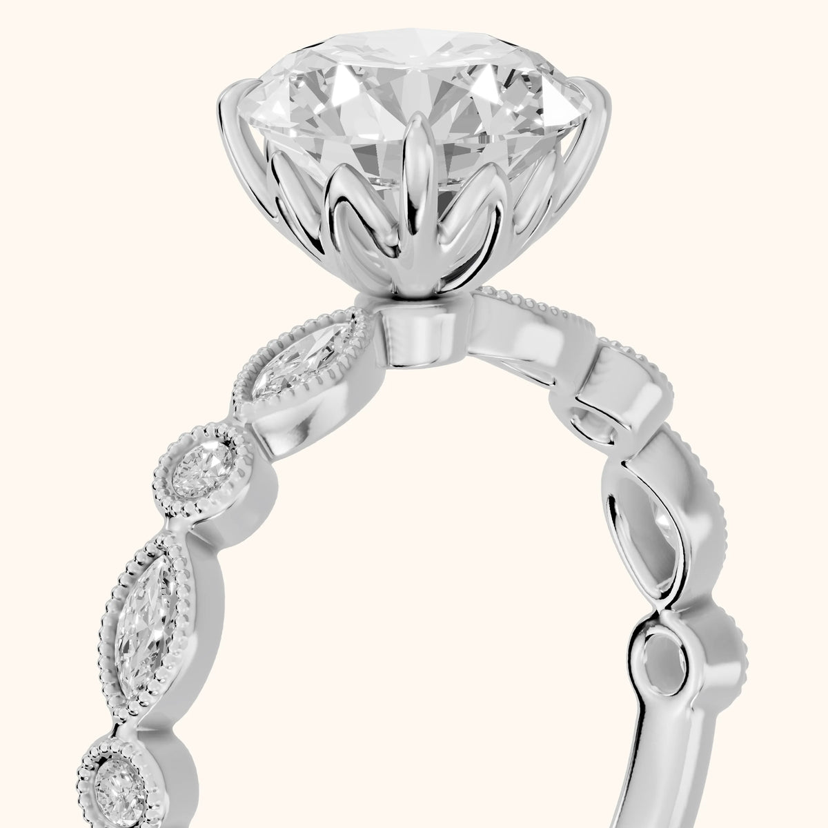 Lena Milgrain Leaf Round Diamond Engagement Ring in Silver - slant-view.webp