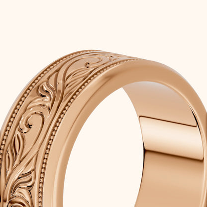 Navya Carved Milgrain Wedding Band in Rose Gold - slant-view