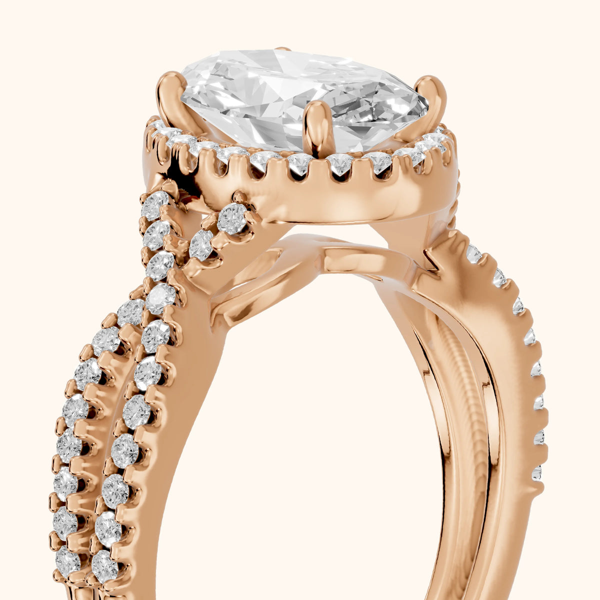 Calais Twist Halo Oval Diamond Engagement Ring in Rose Gold - slant-view.webp
