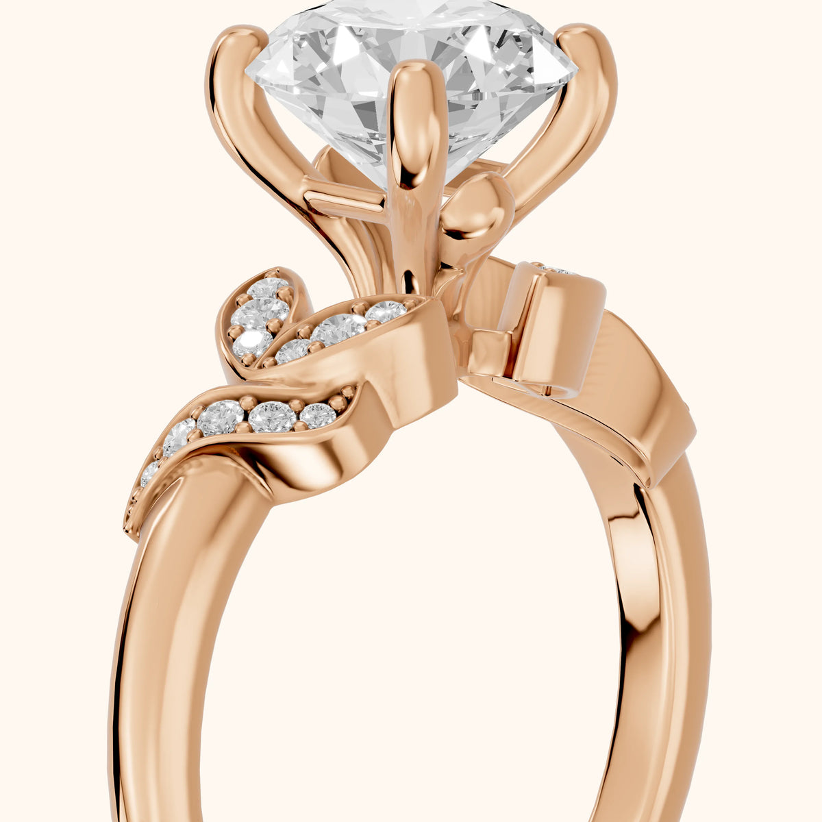 Megan Leaf Pavé Round Diamond Engagement Ring in Rose Gold - slant-view.webp
