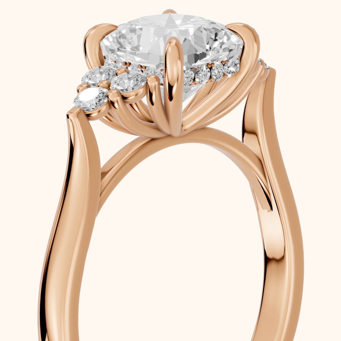 Anya Sidestone Cluster Cushion Diamond Ring in Rose Gold - slant-view.webp