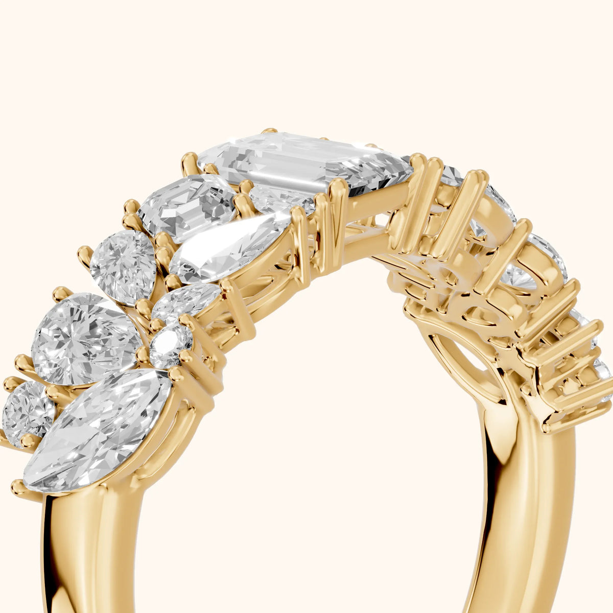 Isha Cluster Emerald & Pear Diamond Anniversary Ring in Yellow Gold - slant-view