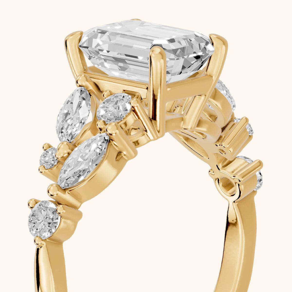 Kelsey Leaf Cluster Emerald Diamond Engagement Ring in Yellow Gold - slant-view.webp