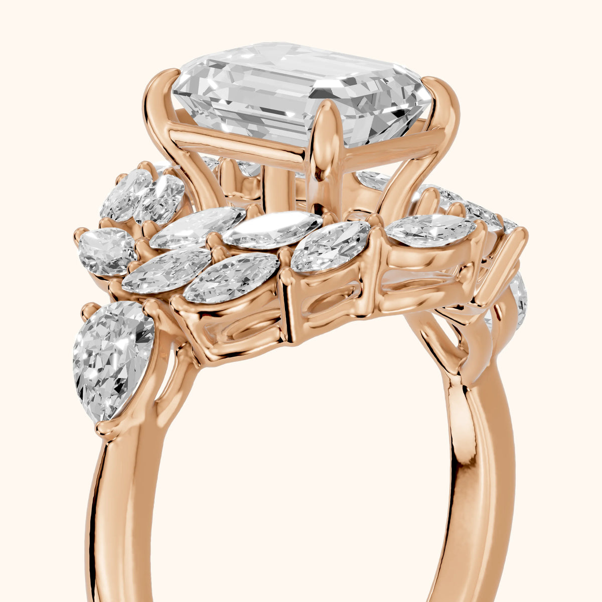 Liliana Leaf Cluster Emerald Diamond Engagement Ring in Rose Gold - slant-view.webp