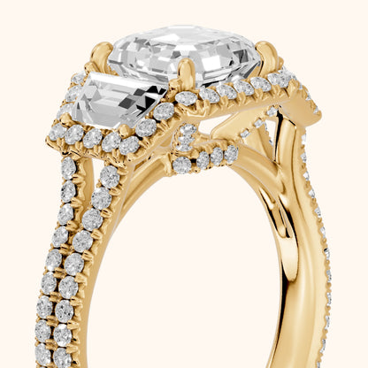 Oakley Three-Stone Split Shank Asscher Diamond Engagement Ring in Yellow Gold - slant-view.webp