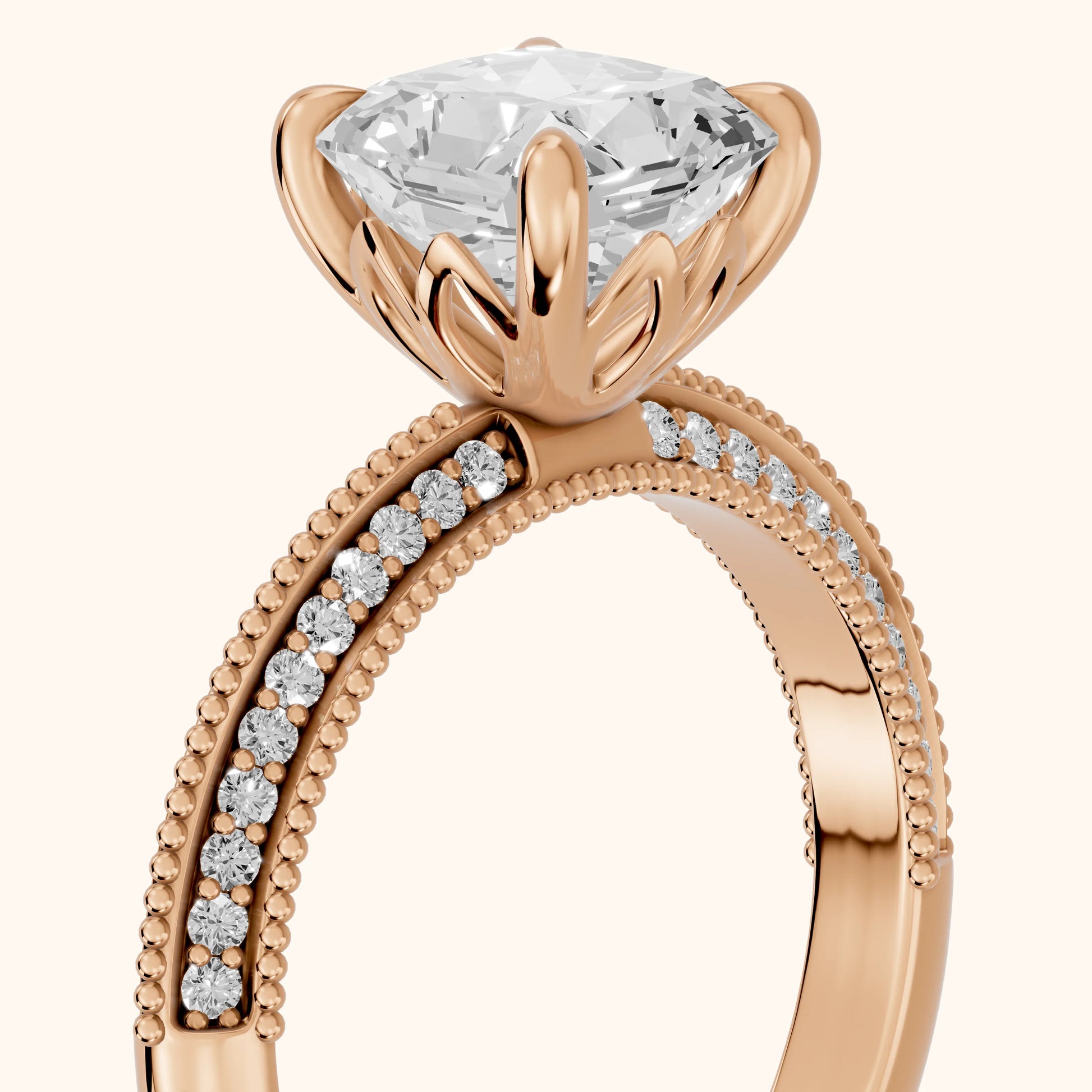 Indie Vintage Milgrain Radiant Diamond Engagement Ring in Rose Gold - slant-view.webp