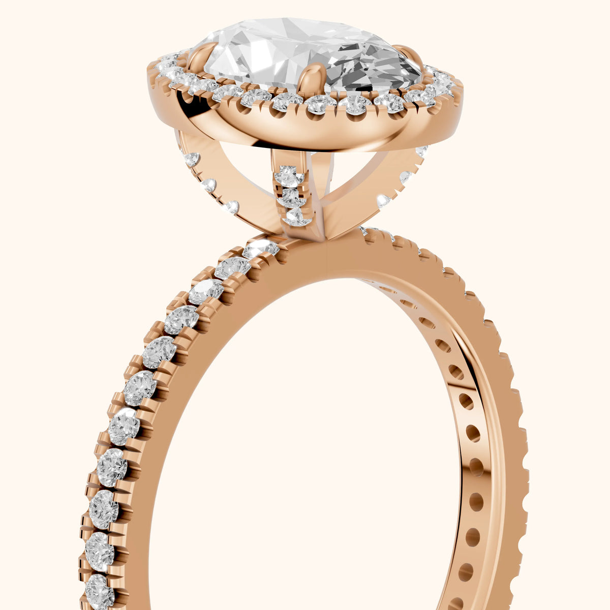 Rosemary Halo Pavé Oval Diamond Engagement Ring in Rose Gold - slant-view.webp