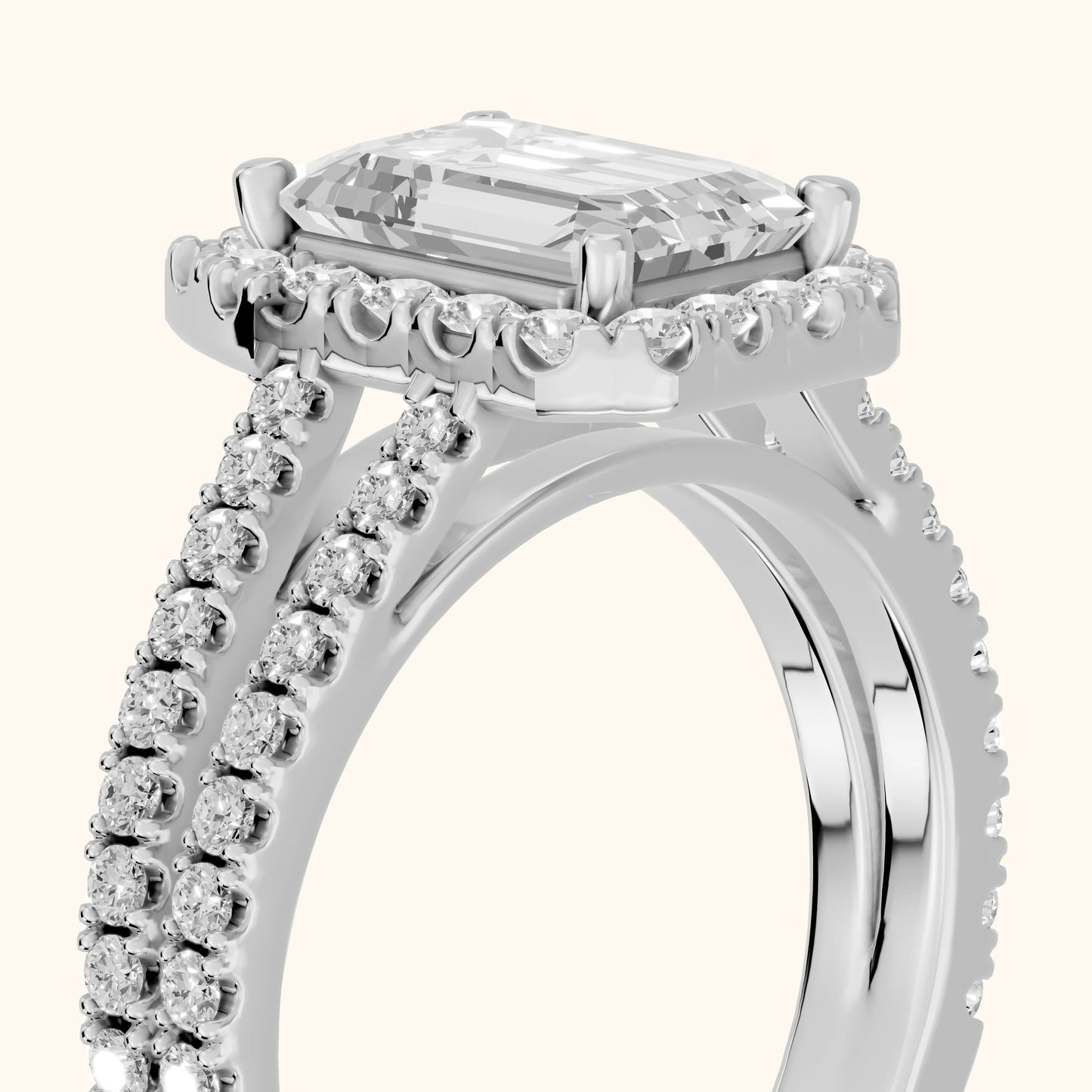 Kira Halo Split Shank Emerald Diamond Engagement Ring in Silver - slant-view.webp