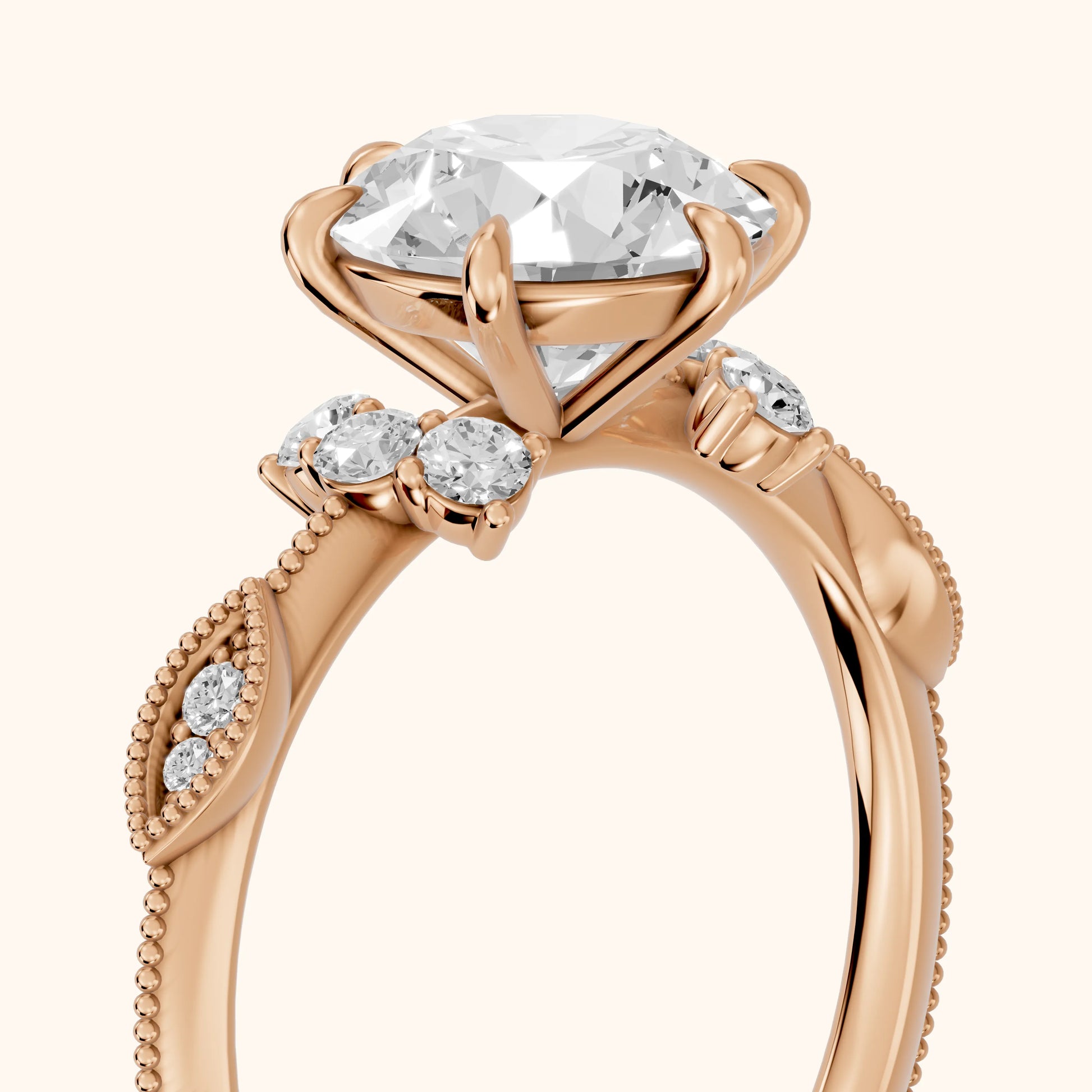 Naomi Vintage Milgrain Round Diamond Engagement Ring in Rose Gold - slant-view.webp