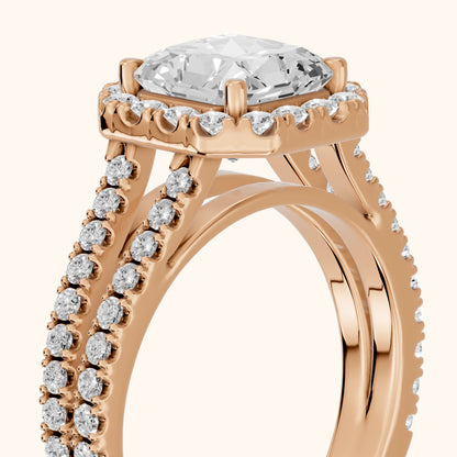 Kira Halo Split Shank Radiant Diamond Engagement Ring in Rose Gold - slant-view.webp