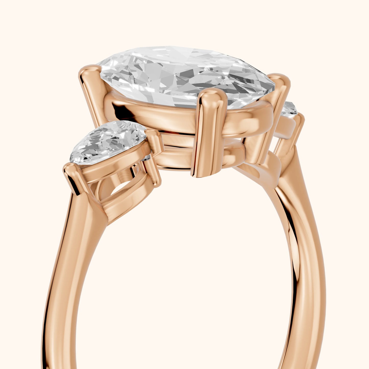 Faye Three-Stone Trellis Oval Diamond Ring in Rose Gold - slant-view.webp