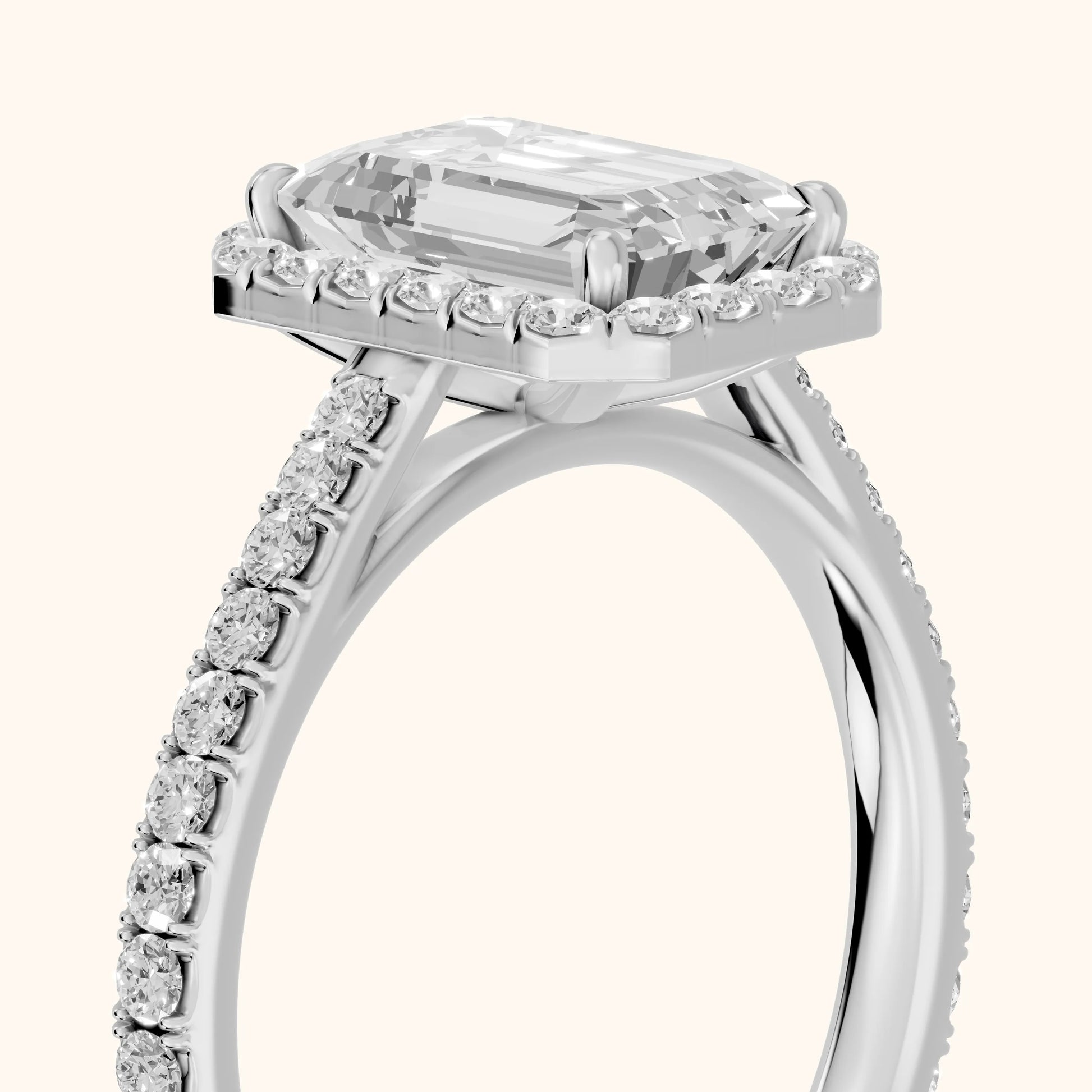 Willa Halo Micropavé Emerald Diamond Engagement Ring in Platinum - slant-view.webp