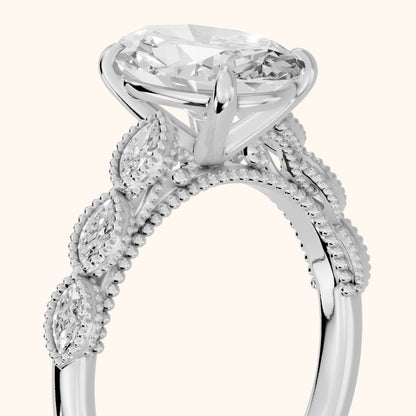 Freya Milgrain Leaf Oval Diamond Engagement Ring in Silver - slant-view.webp