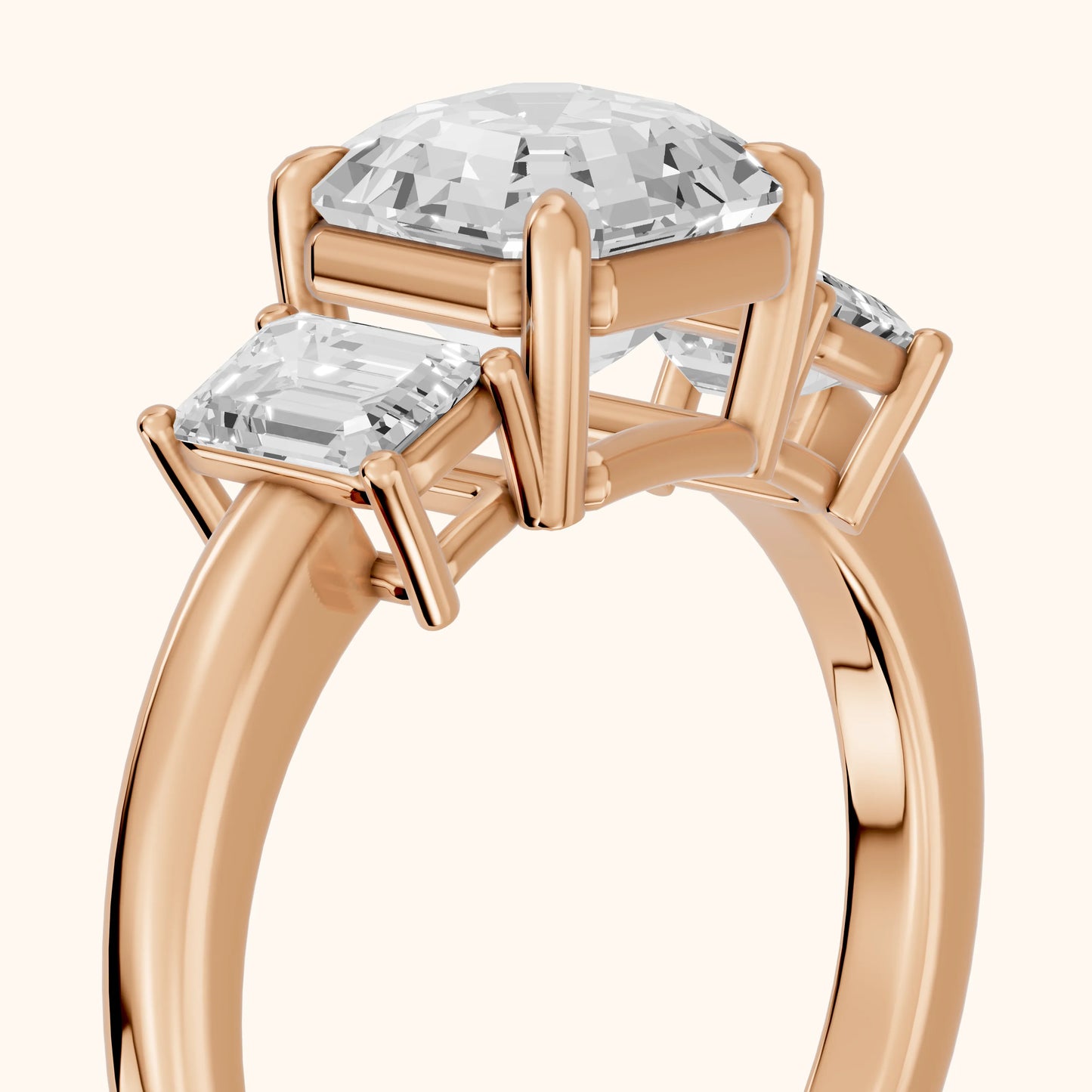 Zoe Three-Stone Asscher Diamond Ring in Rose Gold - slant-view.webp