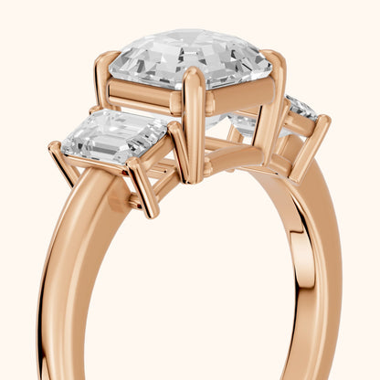 Zoe Three-Stone Asscher Diamond Ring in Rose Gold - slant-view.webp