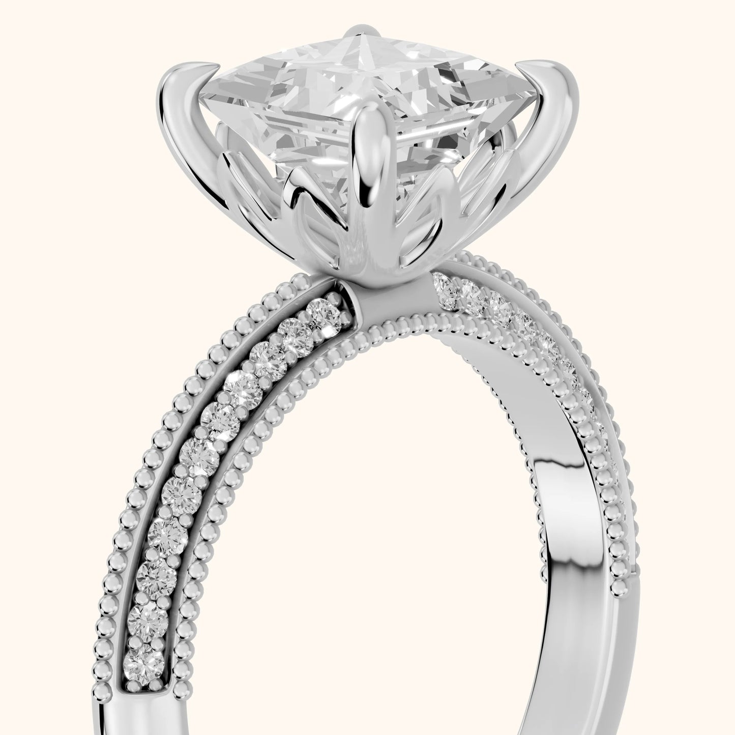 Indie Vintage Milgrain Princess Diamond Engagement Ring in White Gold - slant-view.webp