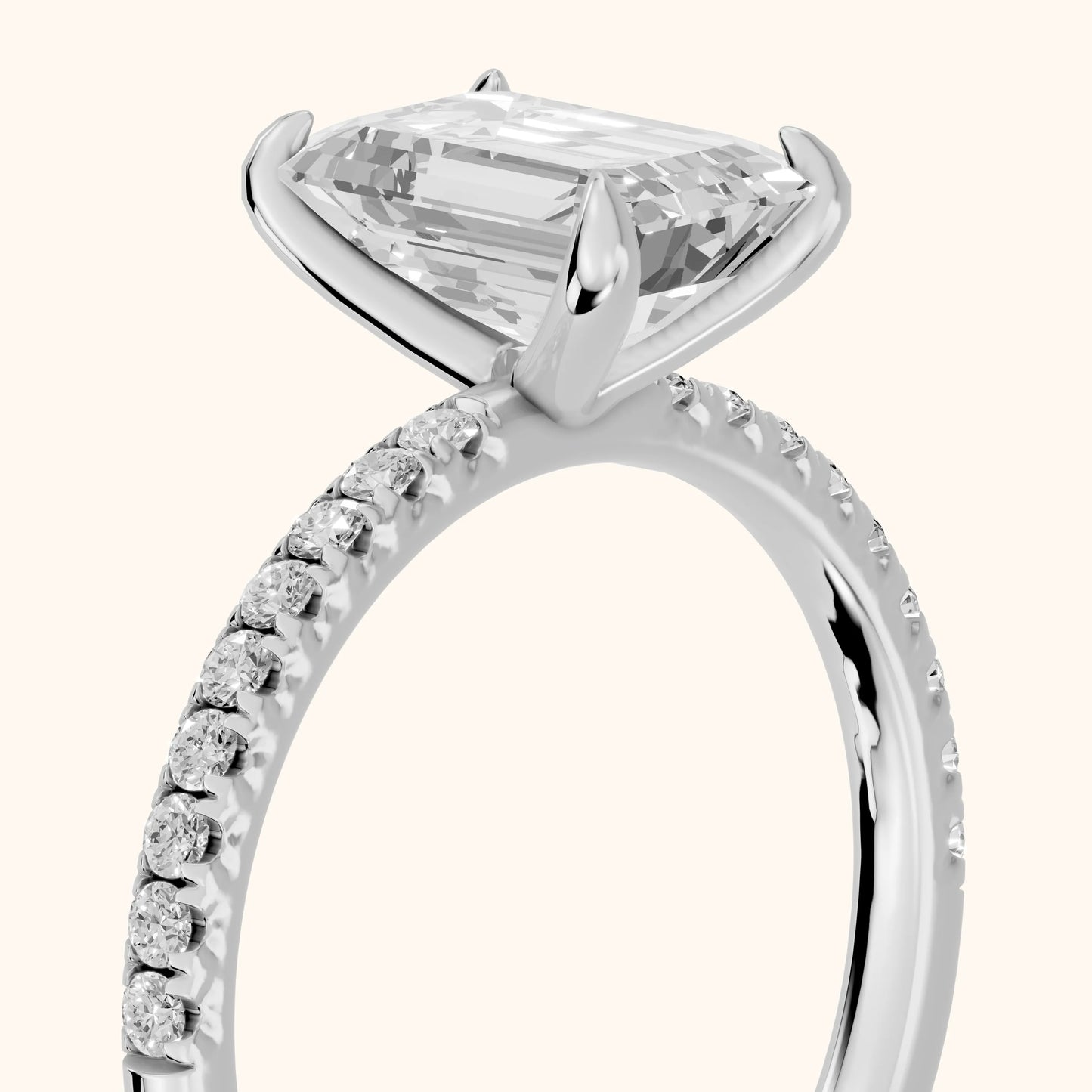 Ione Solitaire Pavé Emerald Diamond Engagement Ring in White Gold - slant-view.webp