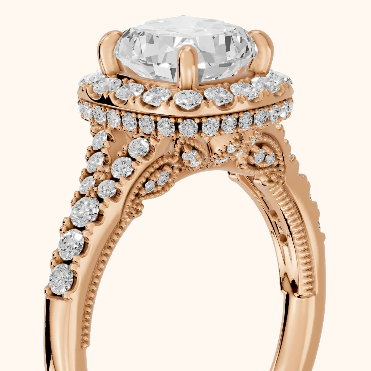 Kenner Halo Split Shank Cushion Diamond Engagement Ring in Rose Gold - slant-view.webp