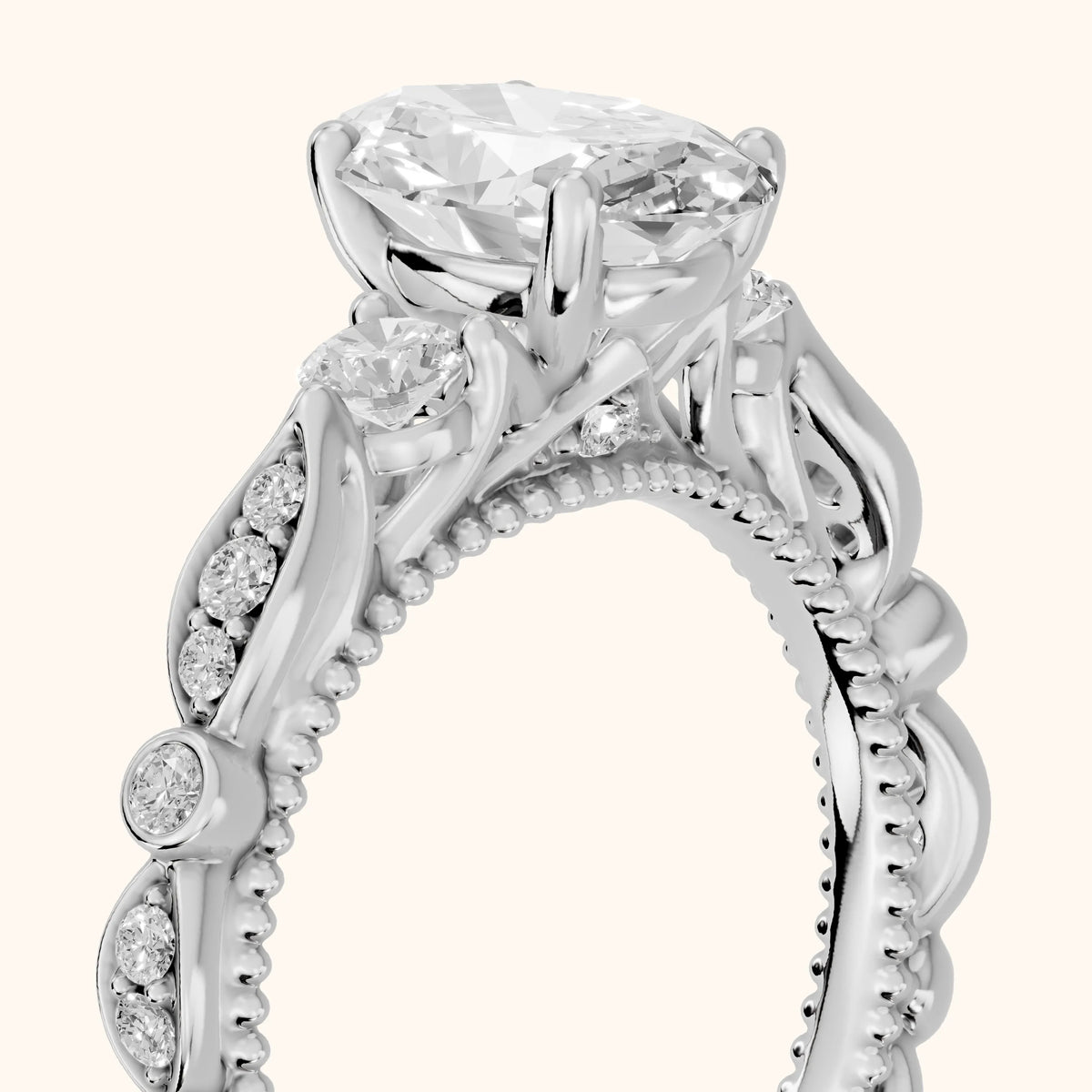 Pascale Vintage Filigree Oval Diamond Engagement Ring in White Gold - slant-view.webp