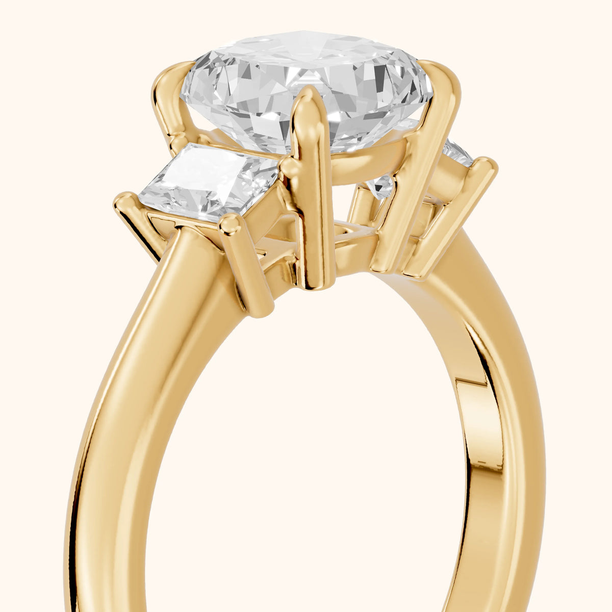 Cosette Statement Three-Stone Cushion Diamond Engagement Ring in Yellow Gold - slant-view.webp