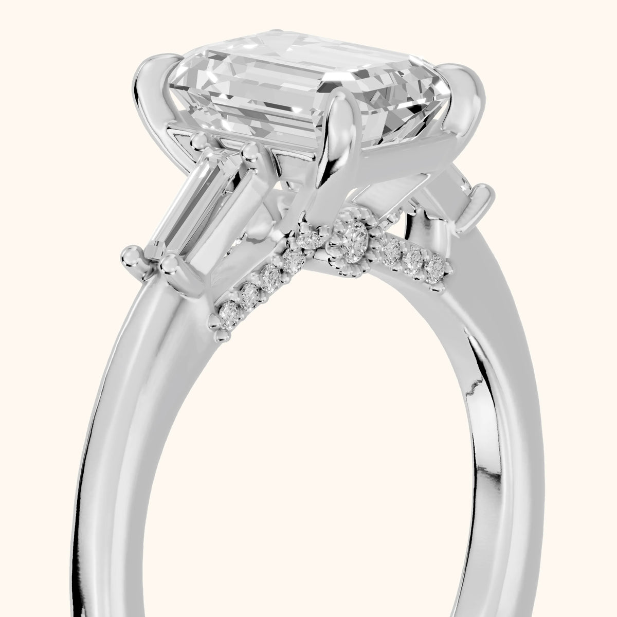 Laredo Baguette Three-Stone Emerald Diamond Engagement Ring in Silver - slant-view.webp