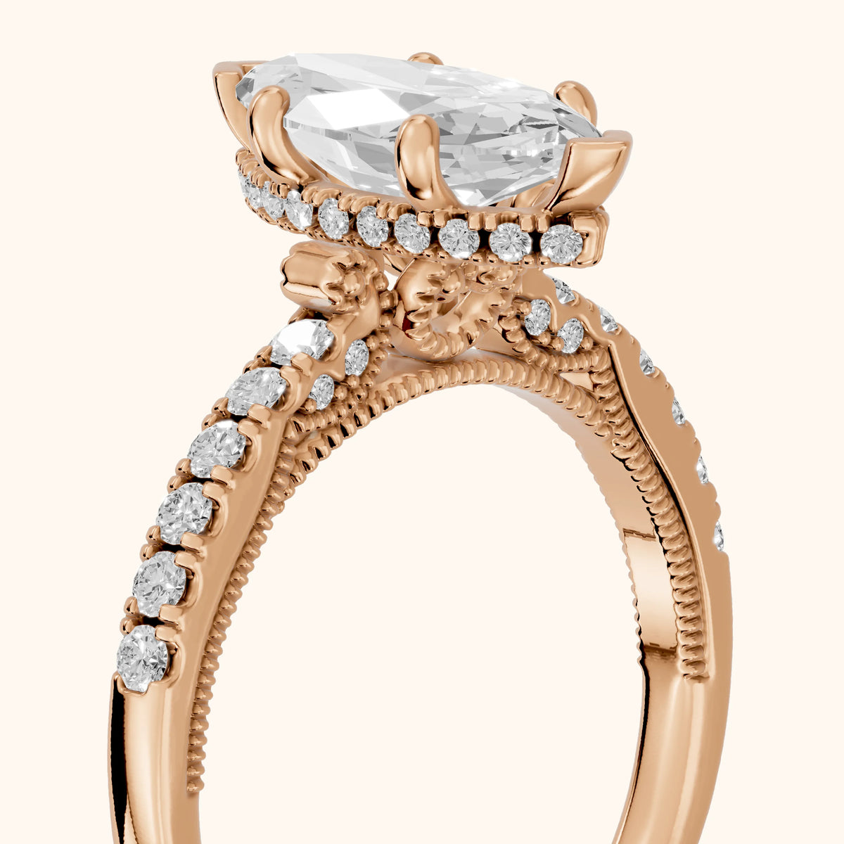 Rialto Hidden Halo Milgrain Marquise Diamond Engagement Ring in Rose Gold - slant-view.webp