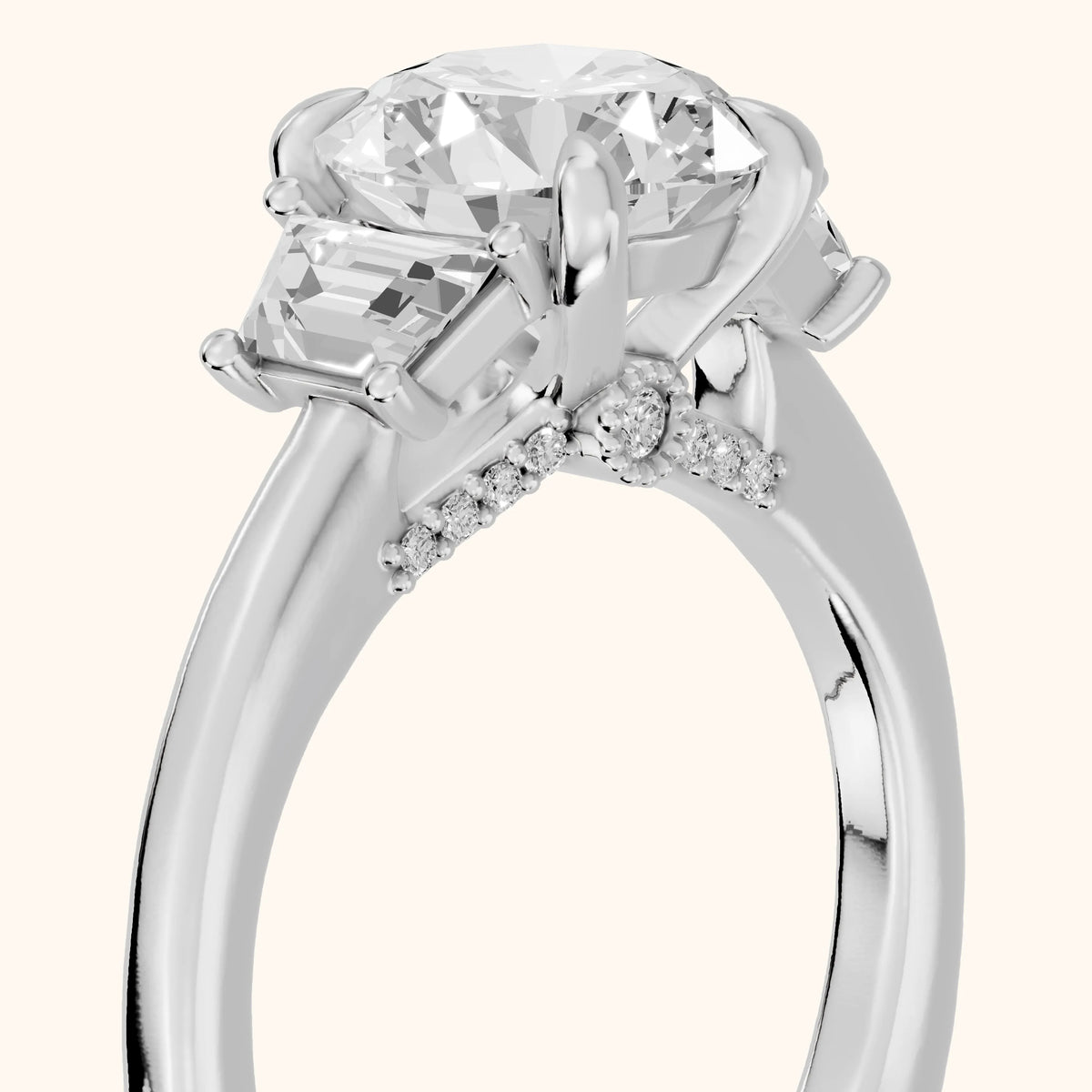 Tacoma Trapezoid Three-Stone Round Diamond Engagement Ring in Platinum - slant-view.webp
