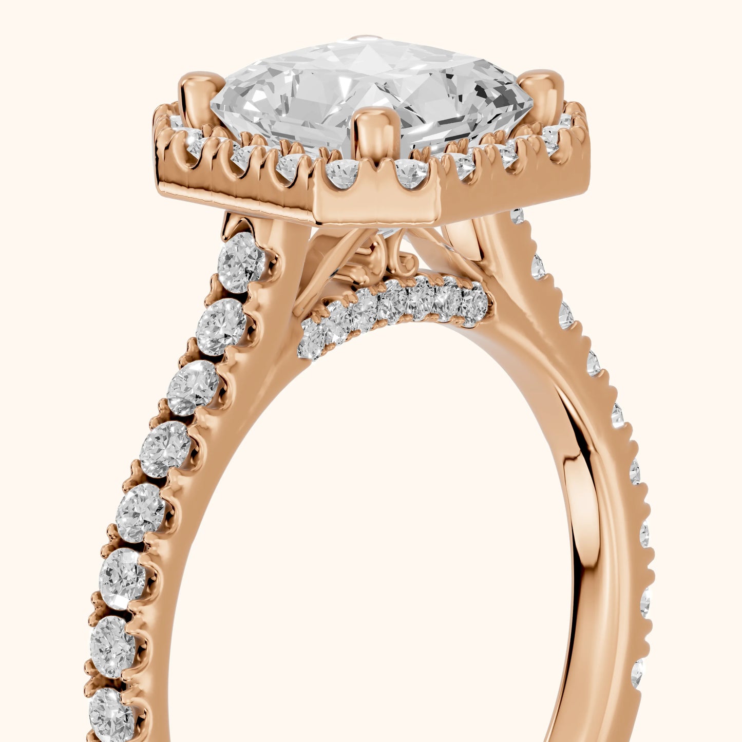 Sophie Halo Pavé Radiant Diamond Ring in Rose Gold - slant-view.webp