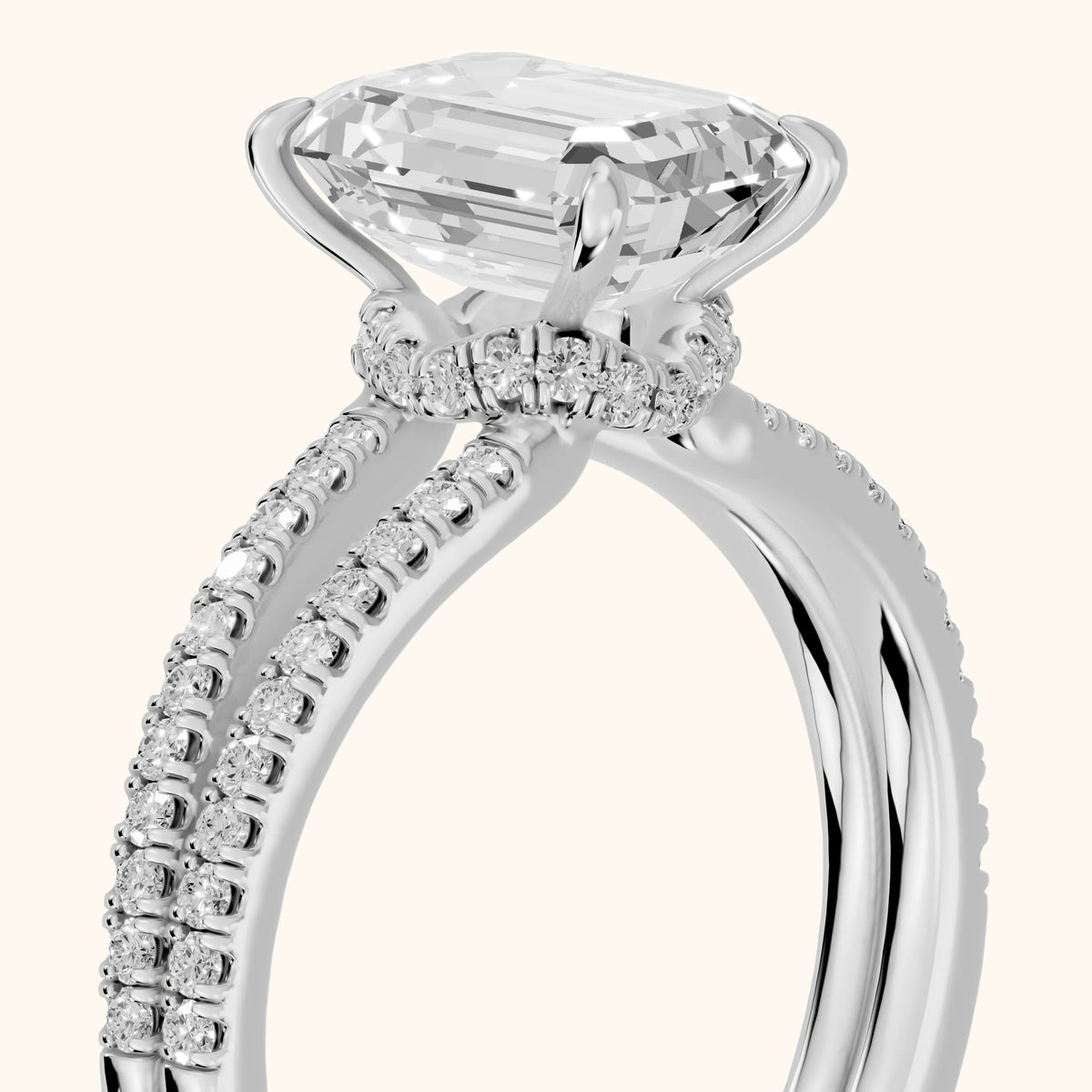 Carmel Hidden Halo Split Shank Emerald Diamond Engagement Ring in Platinum - slant-view.webp