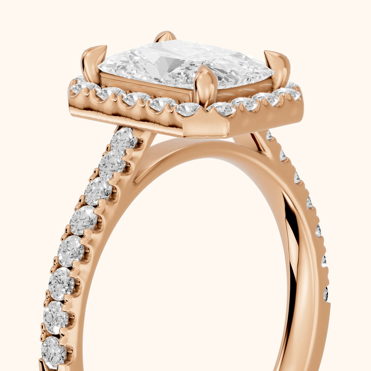 Amara Halo Claw Prong Radiant Diamond Engagement Ring in Rose Gold - slant-view.webp