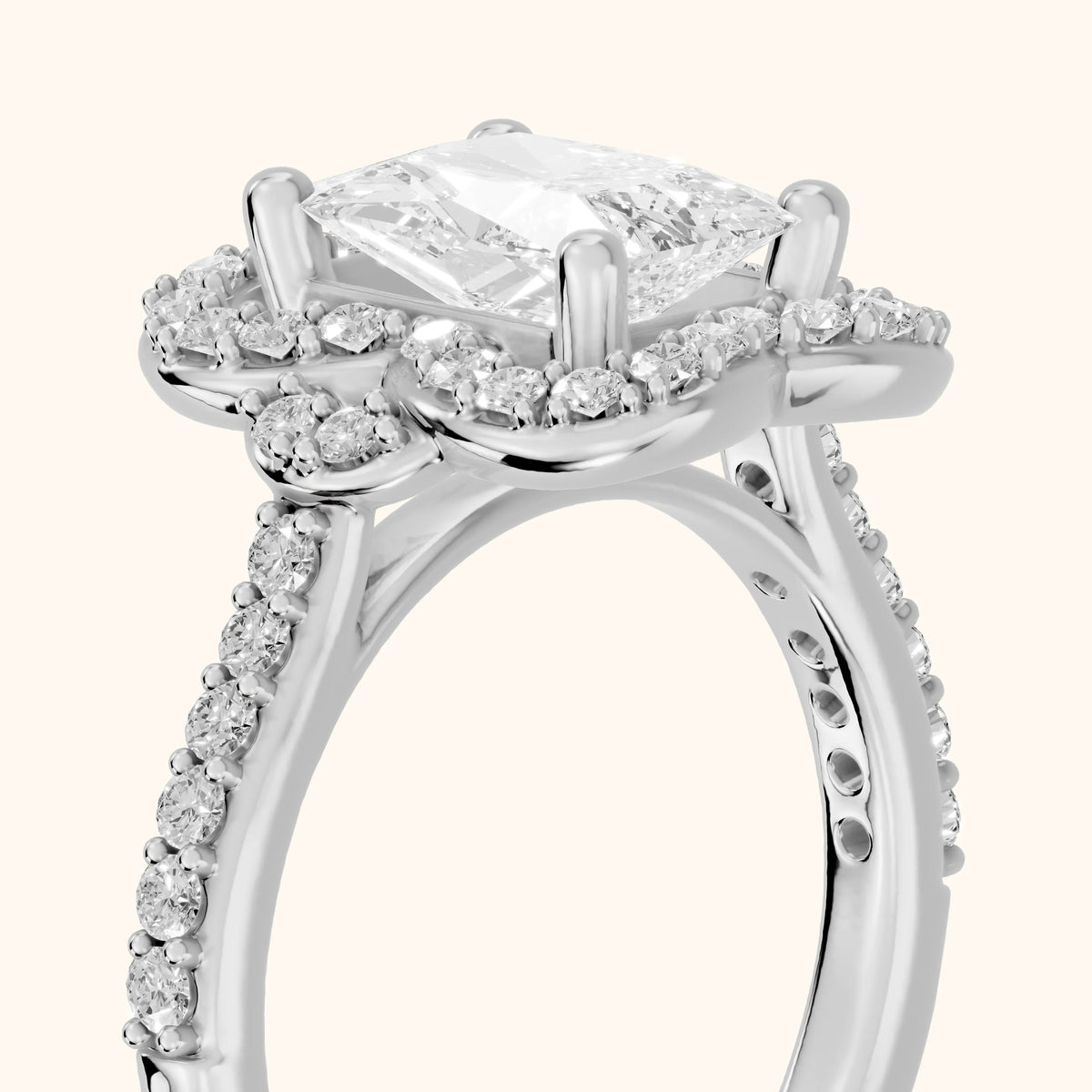 Amy Floral Halo Radiant Diamond Engagement Ring in White Gold - slant-view.webp