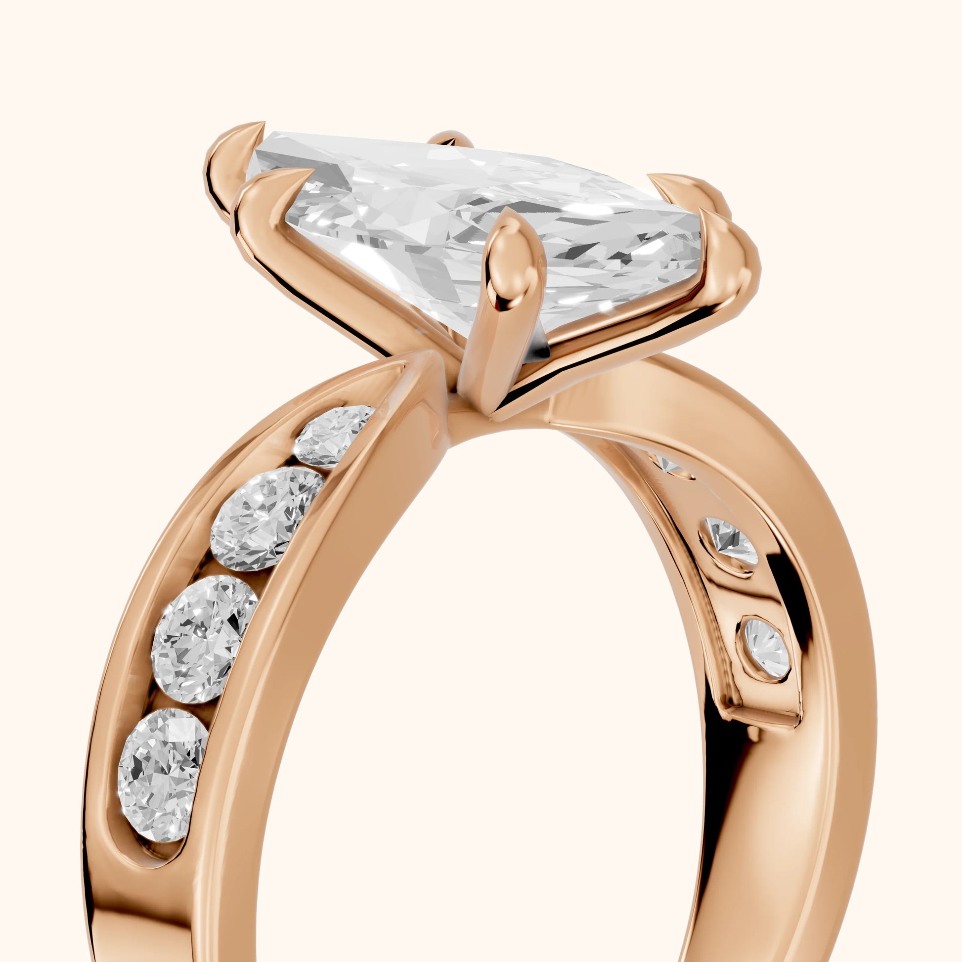 Noor Channel Set Sidestone Marquise Diamond Engagement Ring in Rose Gold - slant-view.webp