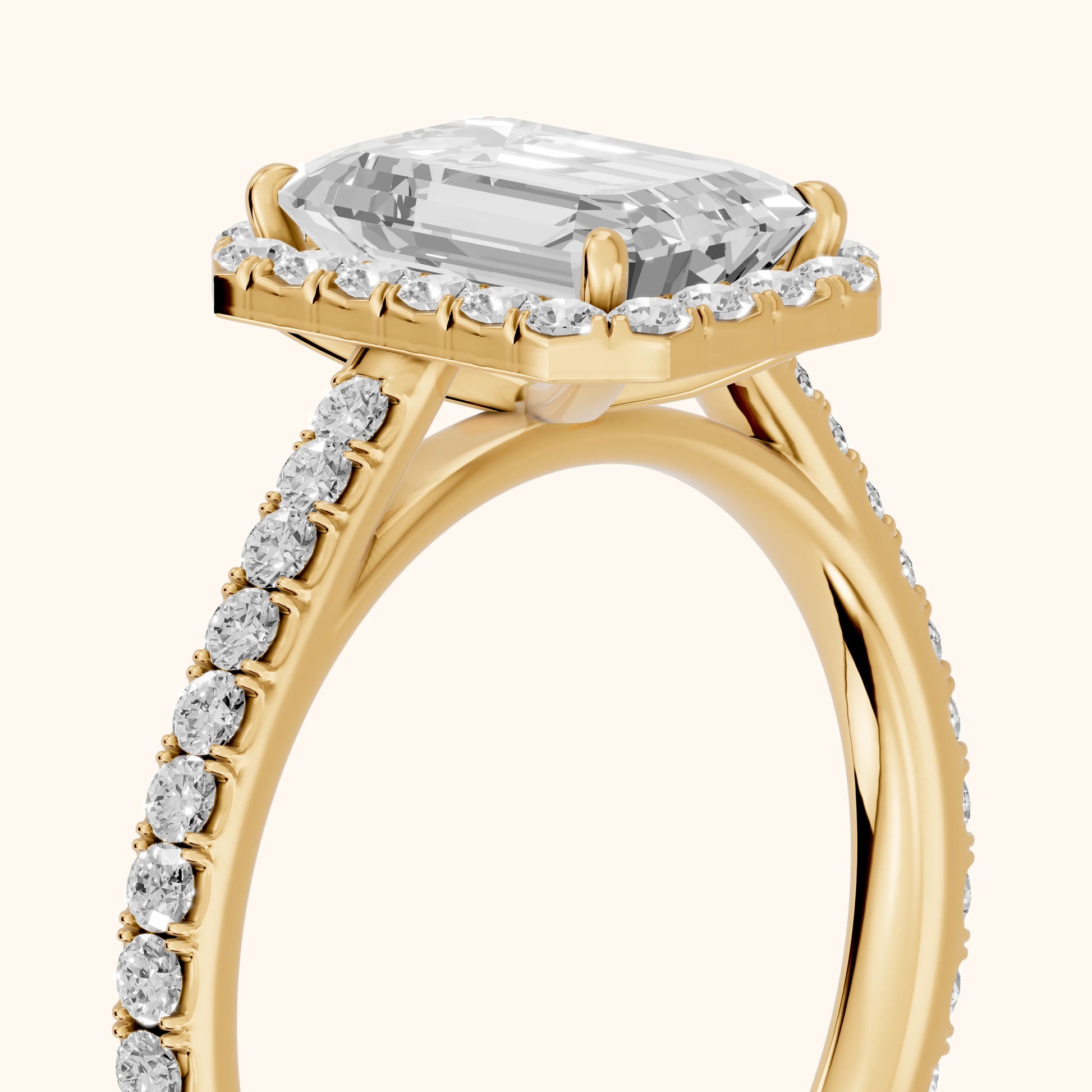 Willa Halo Micropavé Emerald Diamond Engagement Ring in Yellow Gold - slant-view.webp
