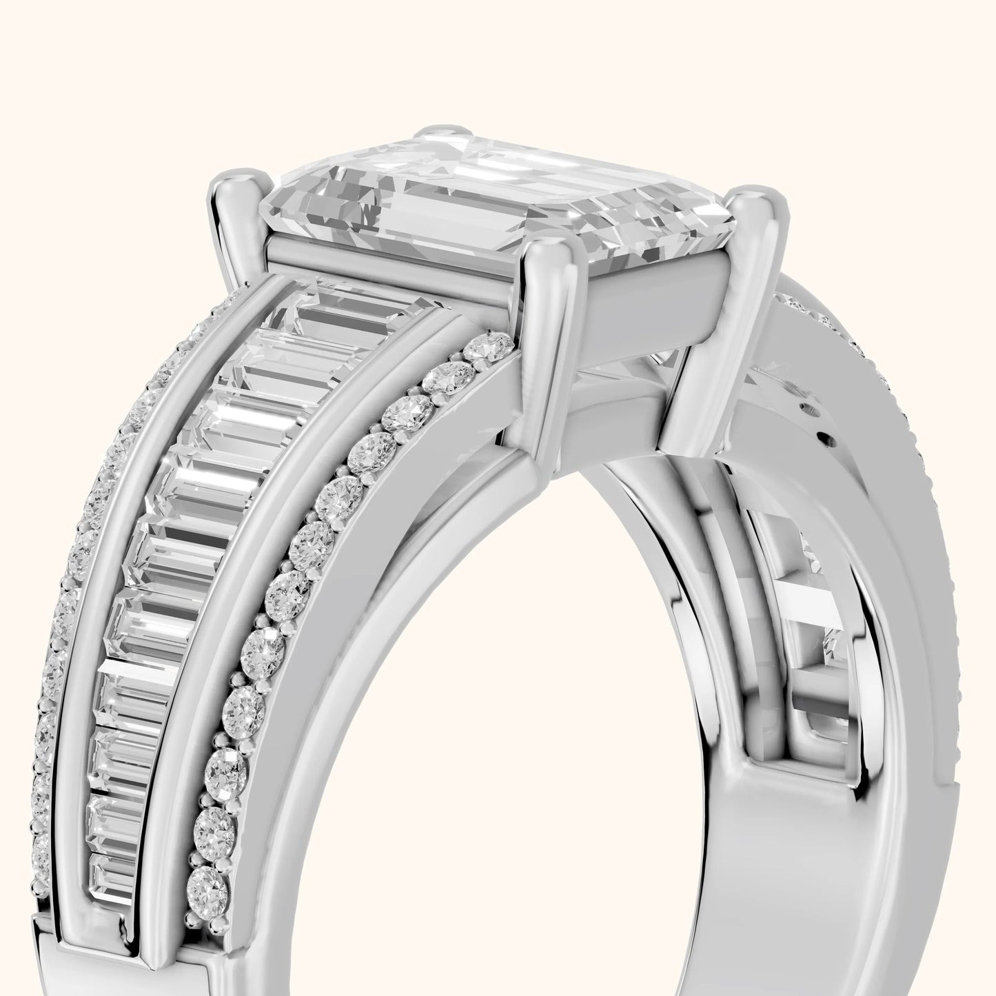 Halle Channel Set Baguette Accent Emerald Diamond Engagement Ring in Silver - slant-view.webp
