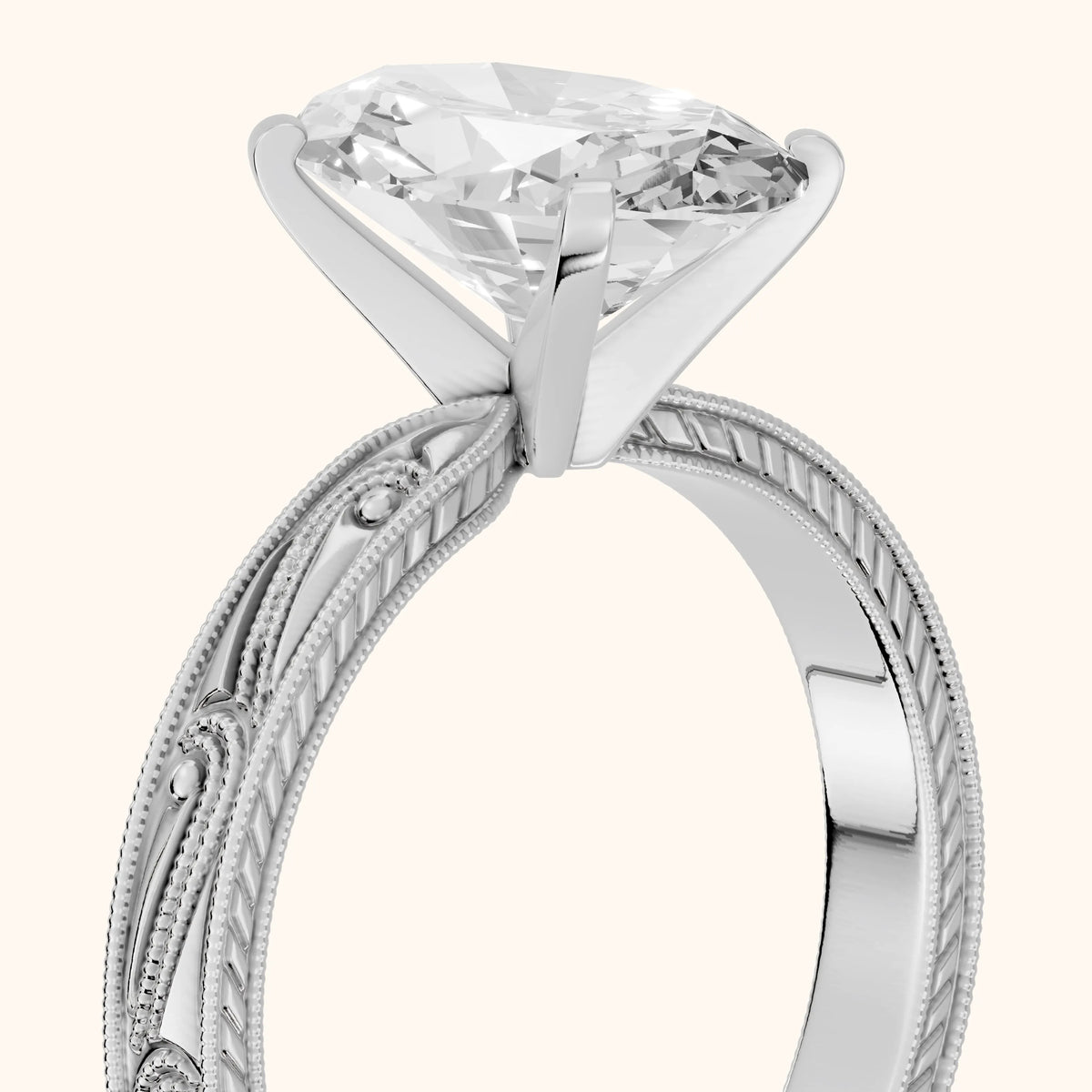 Abbie Engraved Solitaire Oval Diamond Engagement Ring in White Gold - slant-view.webp