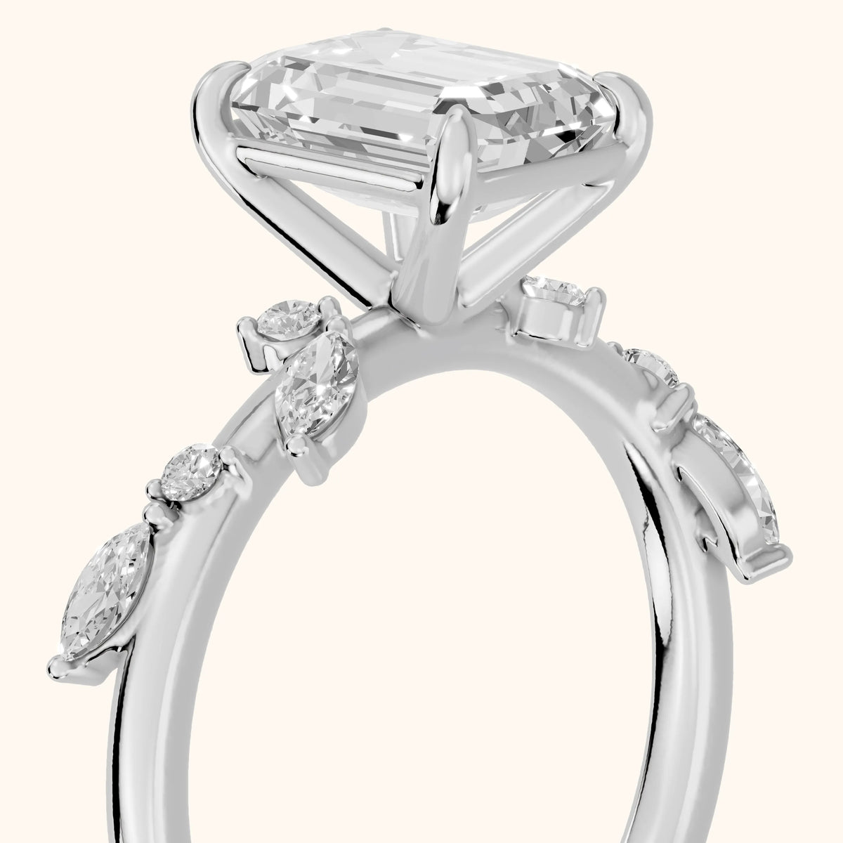 Vivian Leaf Emerald Diamond Engagement Ring in Platinum - slant-view.webp