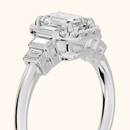 Antonia Baguette Halo Emerald Diamond Engagement Ring in White Gold - slant-view.webp